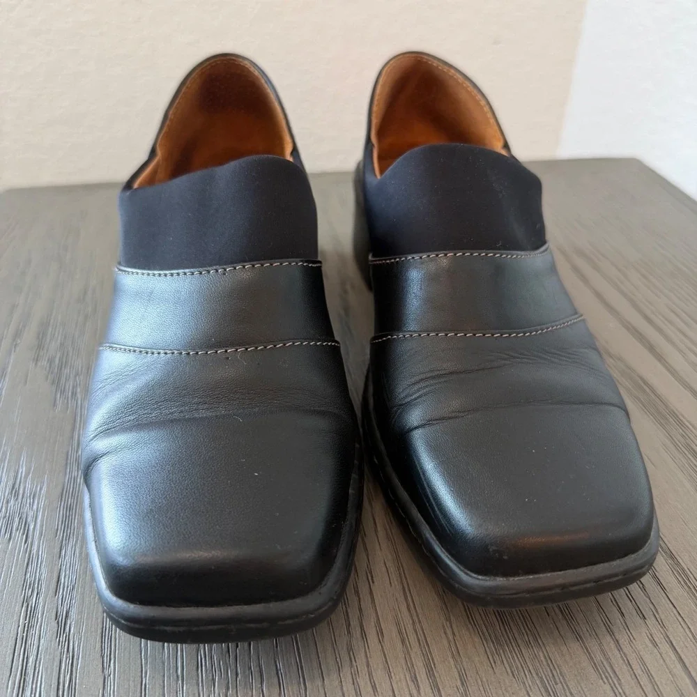 Josef Seibel Black Leather Square‎ Toe Block Heel Comfort Loafers Shoes EU 37